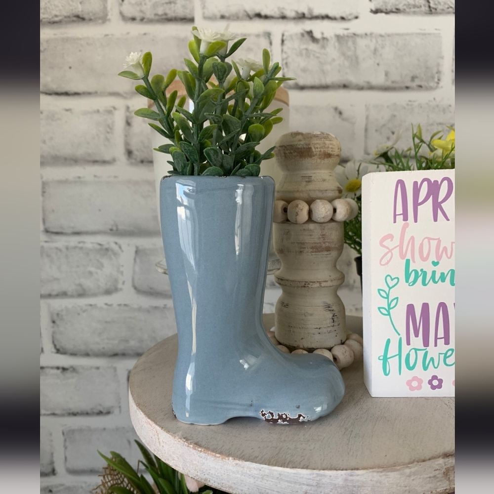Light Blue Mini Rain Boot Planter Vase Rustic Stoneware